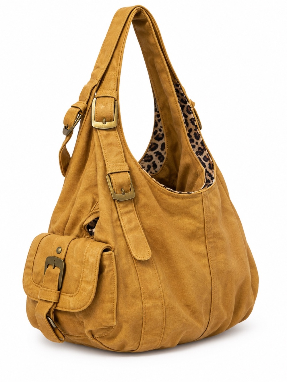 Brown Hobo Shoulder Bag with Leopard Lining